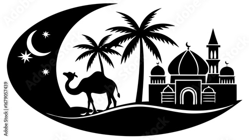 Desert Oasis Mosque and Camel Silhouette