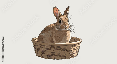 Delightful illustration of a bunny rabbit nestled inside a wicker basket
