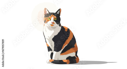 Digitally rendered illustration of a calico cat, sitting attentively