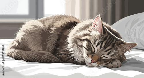Domestic tabby cat enjoying restful nap on soft bedding near the window
