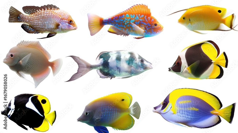 Fototapeta premium Various Fish on a White Background – a vibrant and playful visual. The colorful fish set against a white backdrop create a lively and eye-catching composition.