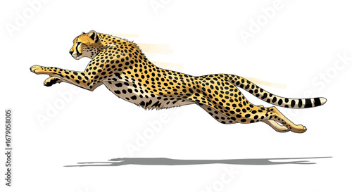 Dynamic leap of a cheetah, showcasing speed and agility on white background
