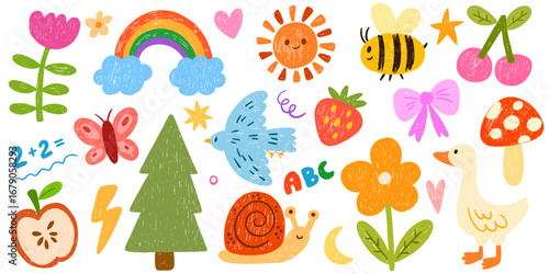 Crayon kid set. Funky childish color pencil naive doodle, cute cartoon animals. Kindergarten funny wax crayon rainbow, flower, butterfly, cherry, heart, strawberry, bee. Hand drawn vector illustration
