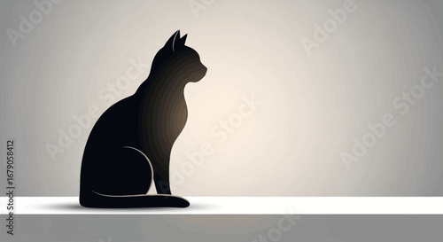 Elegant black feline silhouette seated, poised against subtle gradient backdrop