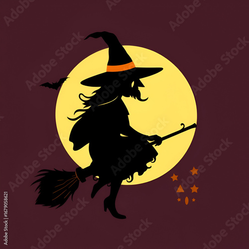 Vector halloween witch with broom silhouettes illustration icon. Vector with with witch hat icon