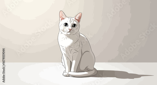 Elegant illustration of a poised white cat with captivating violet eyes