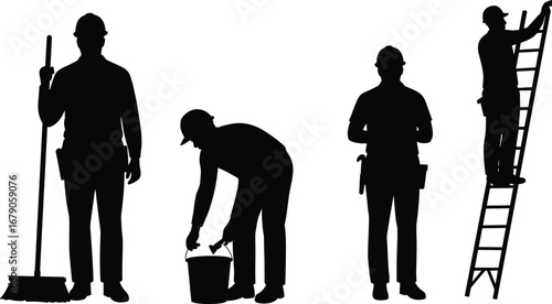 Silhouettes of construction workers cleaning, painting, using ladder
