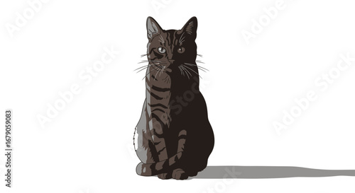Elegant illustration of a striped cat sitting upright against a plain backdrop