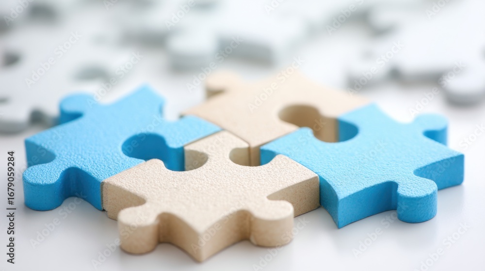 Obraz premium Four puzzle pieces in varying shades of blue and cream are arranged together on a light surface. Surrounding pieces create a relaxing atmosphere for creative activities.