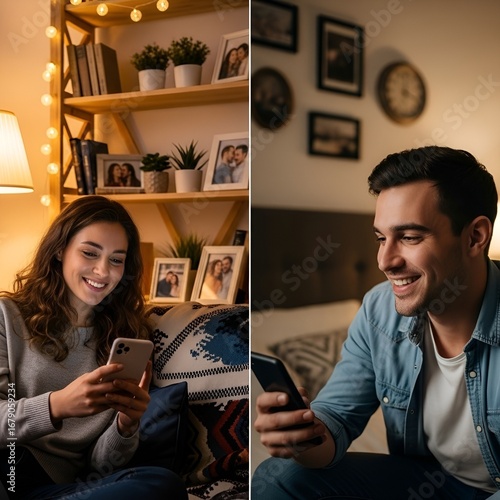 Two people in separate rooms video calling on their phones