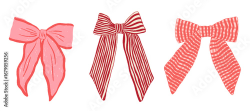 Crayon bows set. Coquette style ribbons and bows striped and plaid, aesthetic vintage elegant cliparts. Hand drawn pencil art decor, bowknots for girly, birthday, gift, wedding. Vector illustration