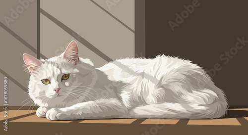 Elegant white cat basking in gentle sunlight, illustration of serenity