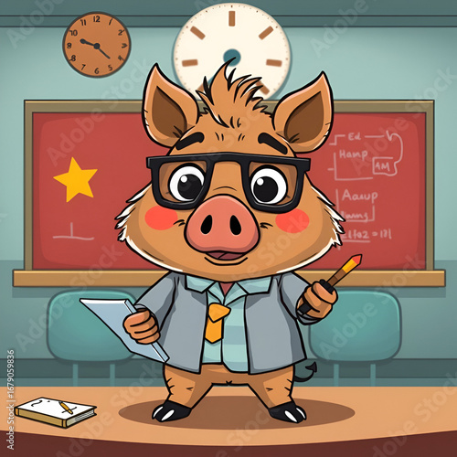 Cartoon Boar Educator In Class