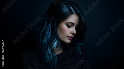 Ethereal Reflection: A portrait of a woman with a contemplative gaze, her dark hair elegantly framing her face, creating a mood of serene reflection. 