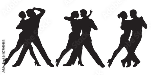 Silhouettes of couples dancing tango in dynamic poses against a white background