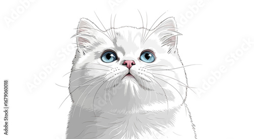Elegant white persian cat with striking blue eyes looking up sweetly