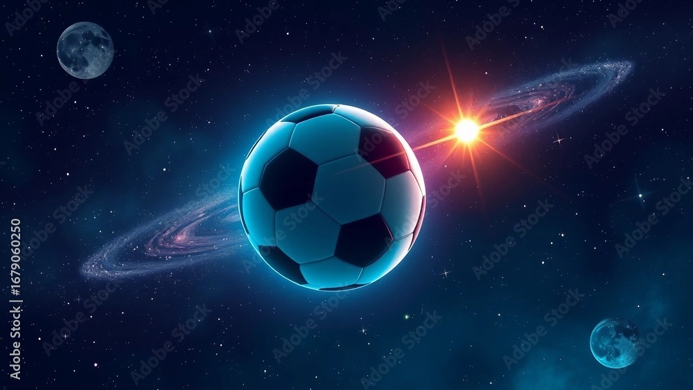 Naklejka premium Futuristic sci fi illustration of a glowing football floating in outer space with galaxies, stars and cosmic light.