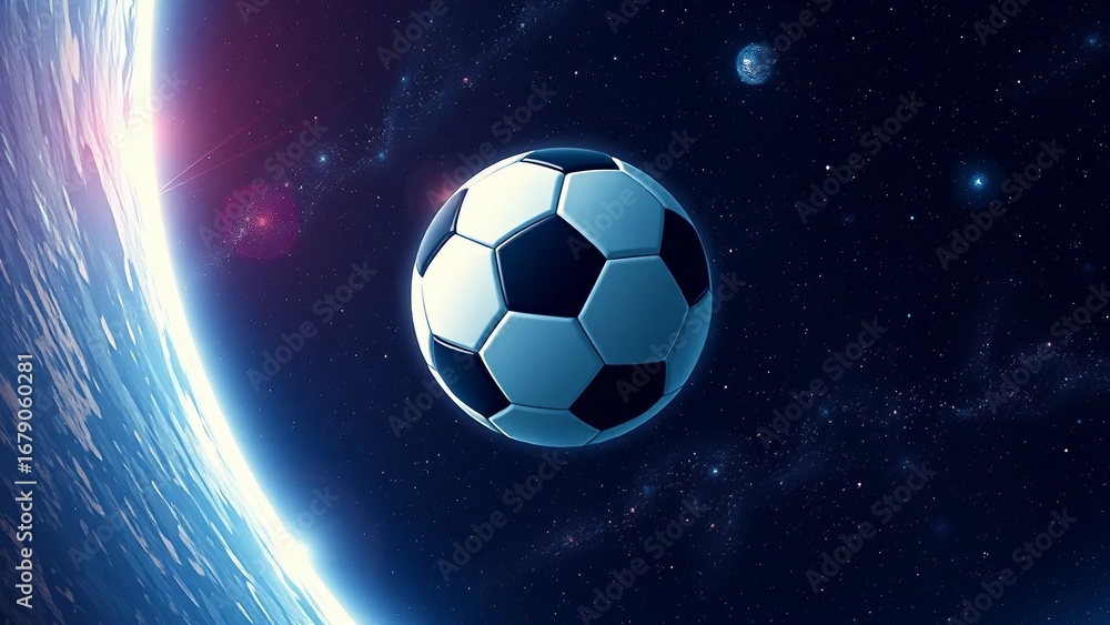 Fototapeta premium Futuristic sci fi illustration of a glowing football floating in outer space with galaxies, stars and cosmic light.