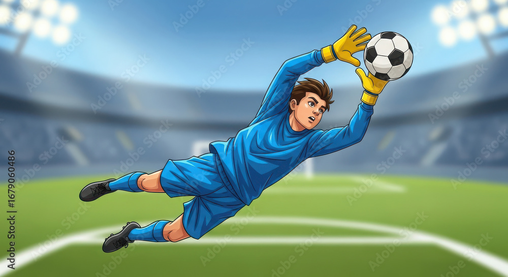 Fototapeta premium Soccer goalkeeper catches ball in mid air during match