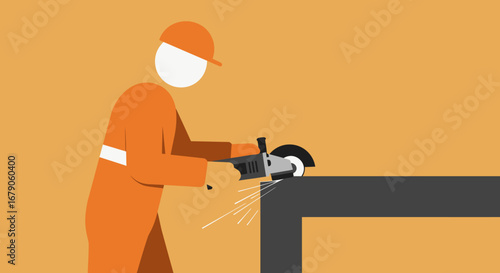 Worker Using Angle Grinder on Metal Structure.
