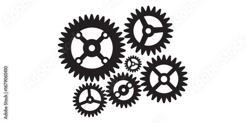Interlocking black gears and cogs on a white background symbolizing mechanics and industry