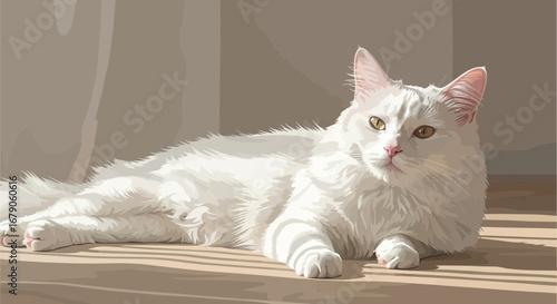 Illustrative rendering of a serene white cat basking in sunlight indoors