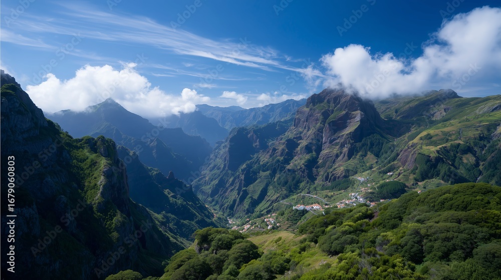 Fototapeta premium Stunning mountain landscape with lush greenery and bright blue sky in a remote valley during midday