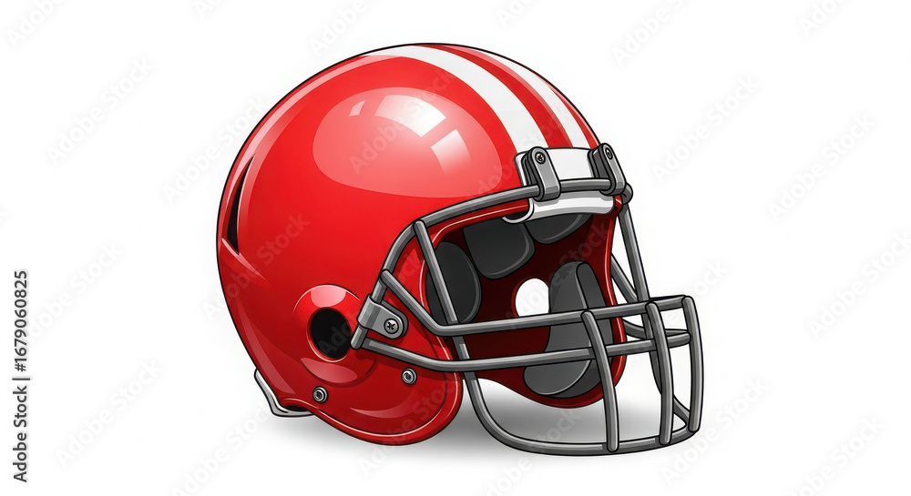 Fototapeta premium Red american football helmet with white stripes on white background