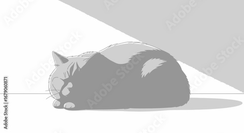 Monochrome illustration showing a contented cat curled up in slumber