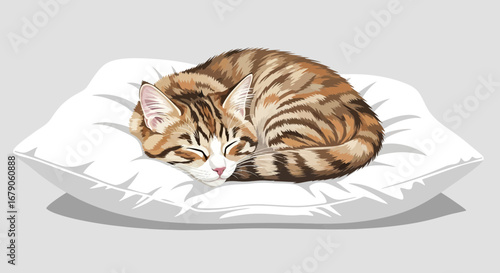 Peaceful feline slumber a tabby cat dreams on a fluffy white pillow