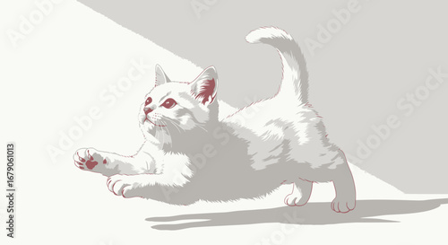 Playful feline illustration of a joyful kitten stretching and looking up