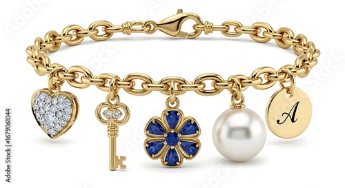 Gold charm bracelet isolated on white background