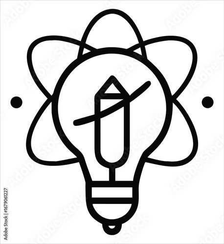 Light Bulb with Pencil Inside Atomic Orbit—Creative Idea, Innovation, Brainstorming, Knowledge, Education, and Science Concept