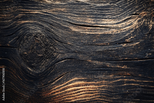Dark rustic wooden texture with pronounced grain and knot pattern, ideal for background, design, or vintage wood surfaces
