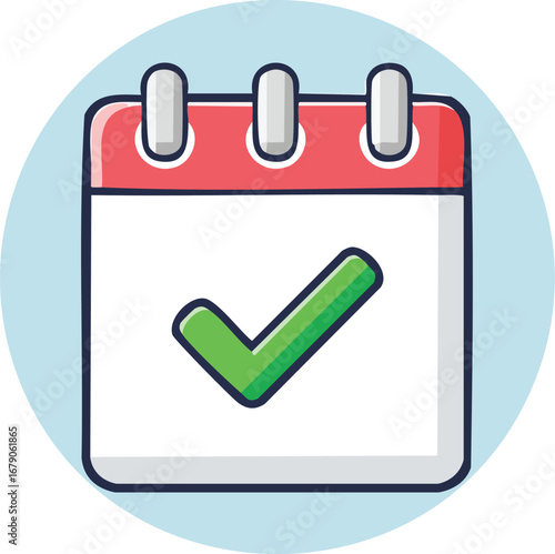 A calendar icon with a green checkmark. A vector symbol for a saved date, a completed task, or a confirmed appointment. A flat design for a schedule or planner. Generative AI
