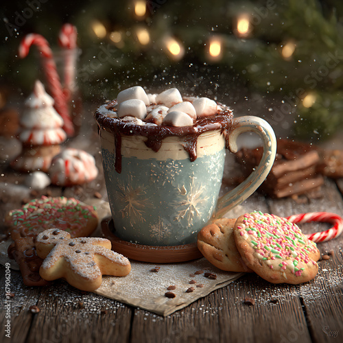 Cozy christmas hot chocolate with marshmallows and cookies