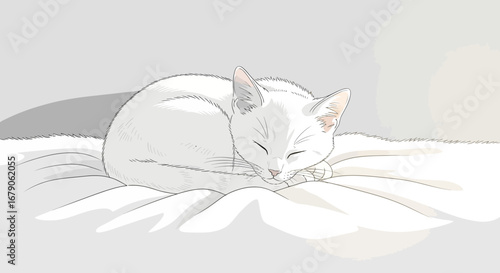 Tranquil repose, a slumbering white cat in serene cartoon illustration