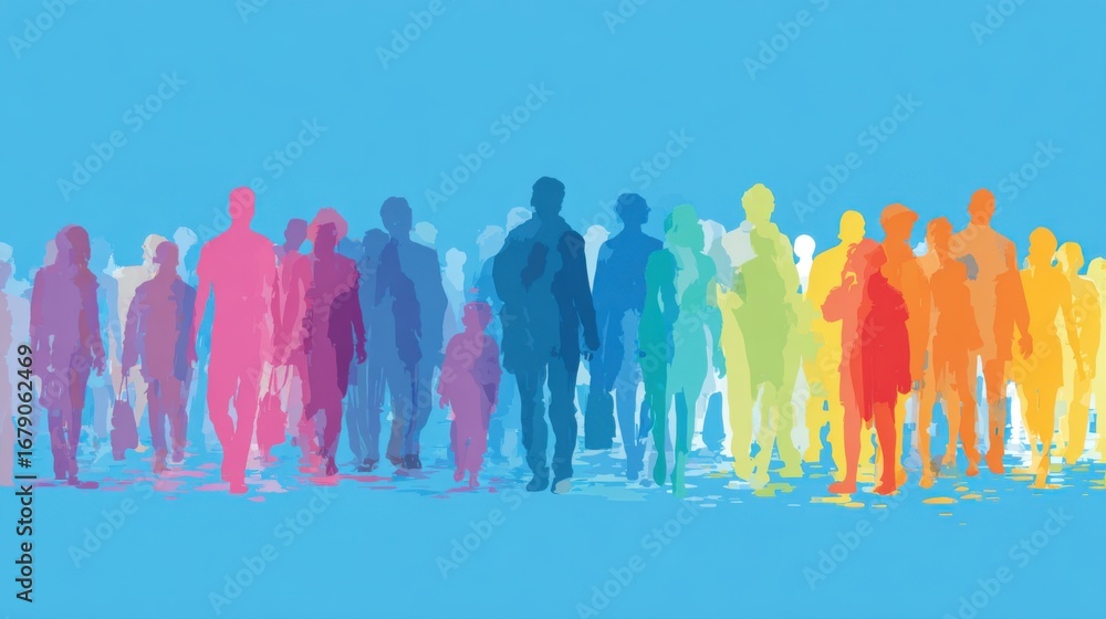 Obraz premium A colorful array of silhouetted figures of various heights and shapes strolls together on a bright blue background, symbolizing diversity and community in a lively manner.