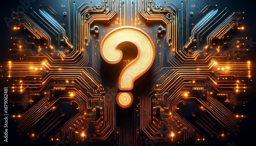 a glowing question mark appears on a complex black circuit board symbolizing uncertainty or inquiry in technology or electronics