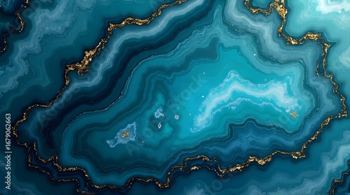 A luxurious abstract background of a blue agate geode slice. Features a liquid marble texture with flowing layers and sparkling gold veins.