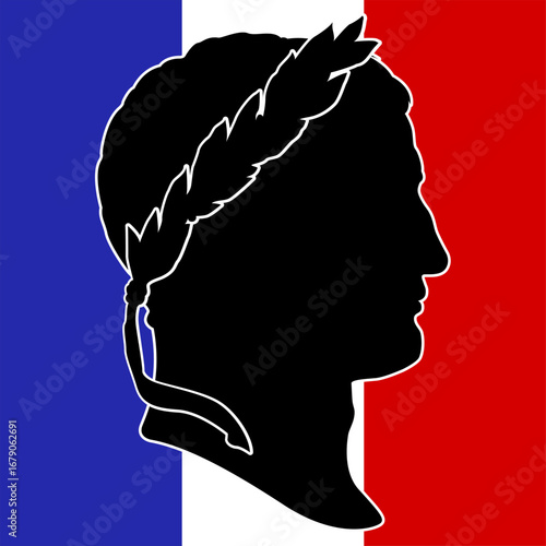 Napoleon, historical figure of France, silhouette portrait profile with laurel on French flag, vector illustration