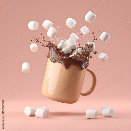 Marshmallows explode from a hot chocolate mug in a splash