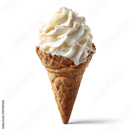 Delicious vanilla soft serve ice cream in a crispy waffle cone