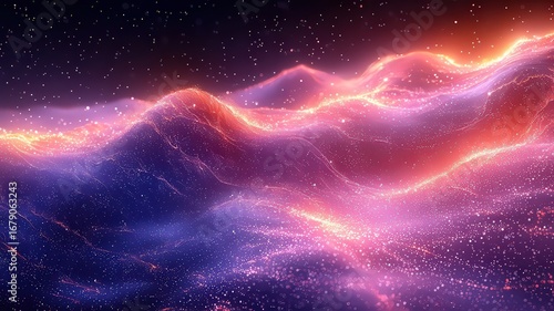 Vibrant cosmic waves of purple and orange light, creting a mesmerizing abstrac landscape that evokes a snse of wonder and exploraton.