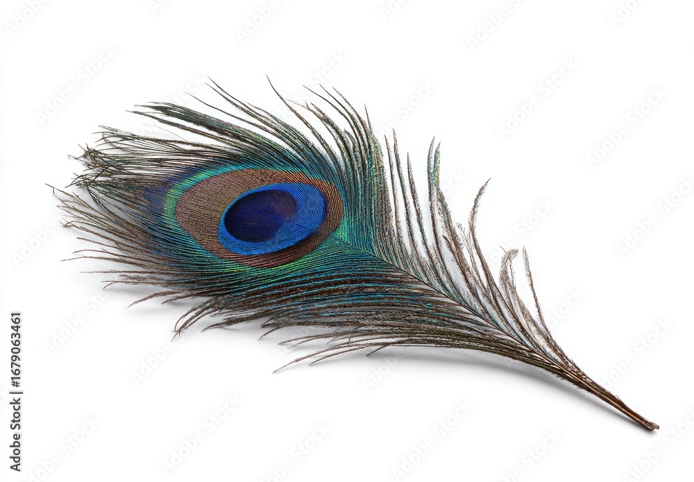 Obraz premium Close-up peacock feather on white background