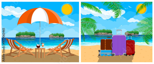 Summer travel with beach vacation elements: an umbrella, deck chairs and luggage on a tropical island with palm tree. Tourism flat vector illustration.