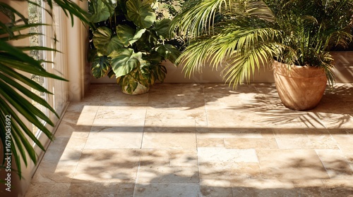 Process shot: laying sandy beige Moroccan tiles in a sunroom, with afternoon shadows and large plants nearby airy composition