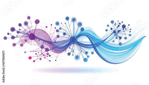 Abstract illustration of a dynamic flowing wave with interconnected nodes representing a digital network or scientific concept