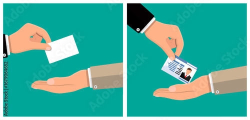 Hand handing blank card or id card to another hand. Business identification concept. Person sharing contact information or official document.