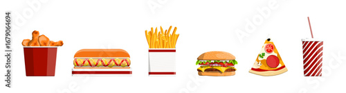 Set of various fast food items including fried chicken, hot dog, french fries, burger, pizza, and drink.